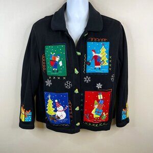 Vintage Womens Christmas Holiday Embroidered Art To Wear Sweater XL Shopping Fun